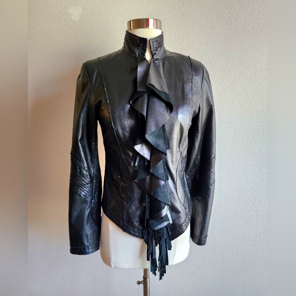PASHA VENETO Moto Jacket Fringe Ruffle Lamb Leather Black XS